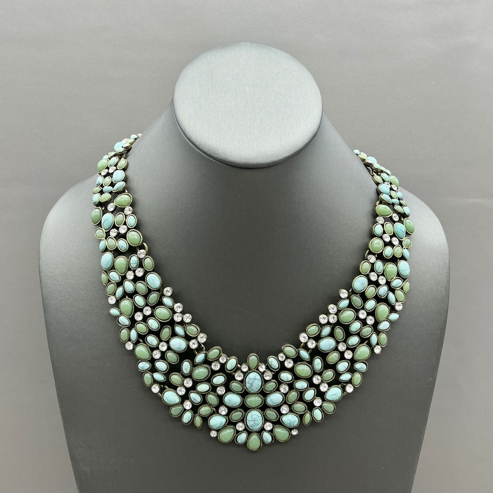 BaubleBar Necklace Turquoise Blue Green Cabochon Rhinestone Statement Bib 18"